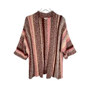 J Jill Women's Open Knit Cardigan Sweater M Pink Brown Striped 3/4 Sleeve Fall